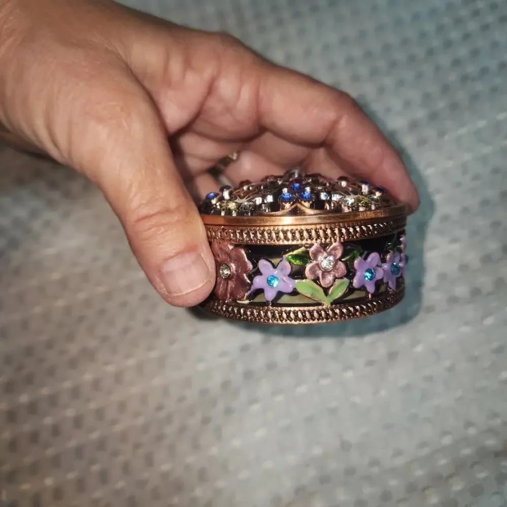 FLORAL ENAMEL BRONZE TONE METAL RHINESTONE TRINKET BOX